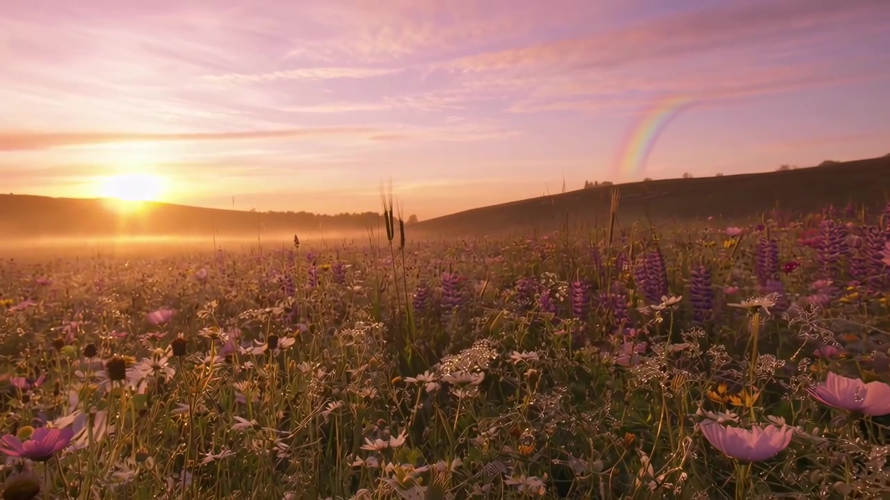 Prado Vibrante de Flores Silvestres ao Nascer do Sol com um Arco-Íris