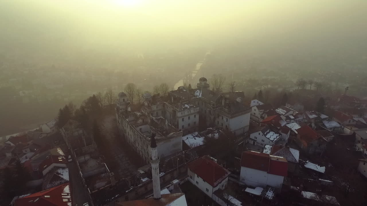 Aerial view of Sarajevo and a few mosque, Jajce Kasarna at sunset, Bosnia and Herzegovina