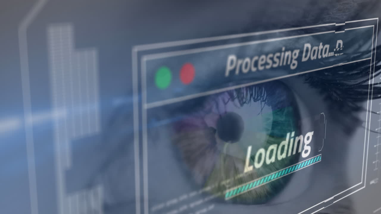 여성의 눈 위의 화면에서 데이터 처리의 애니메이션