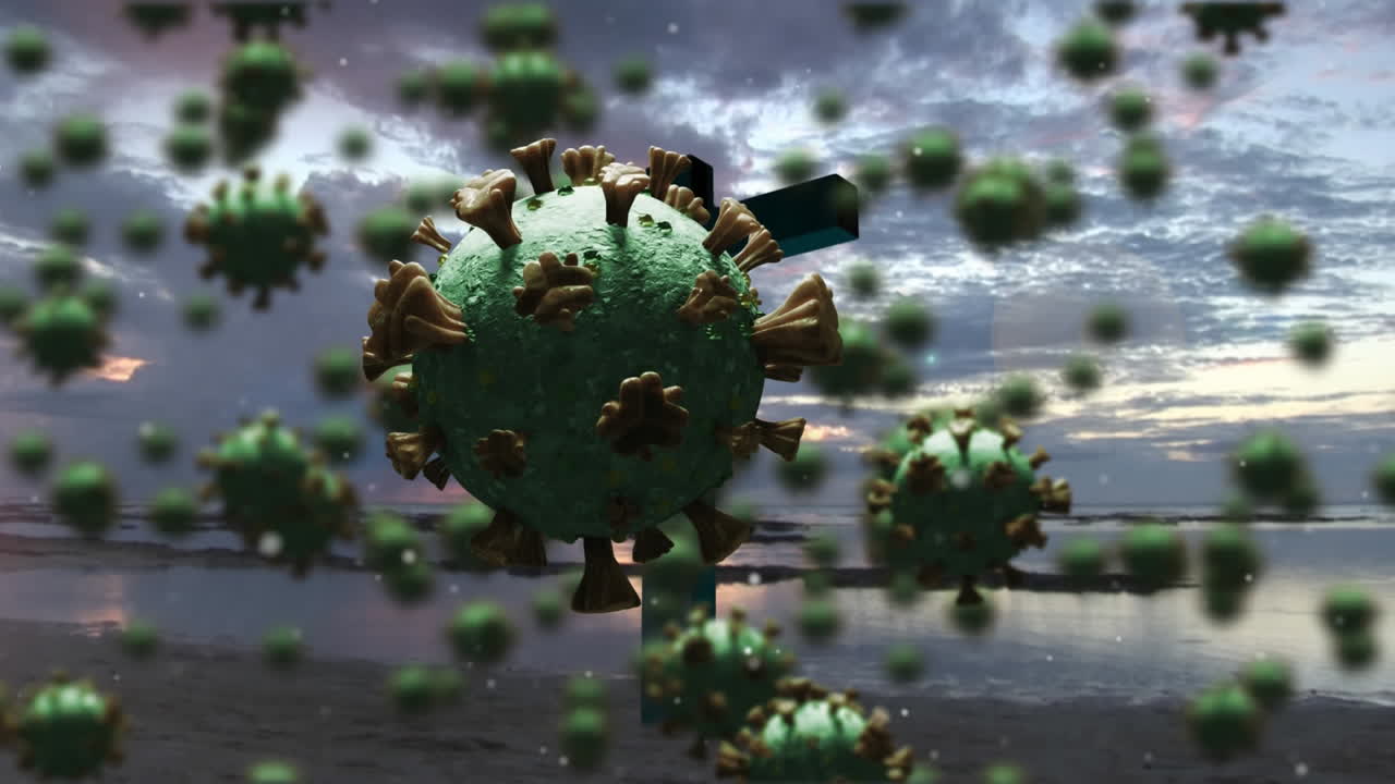 células de covid-19 que se mueven contra cruces en el fondo