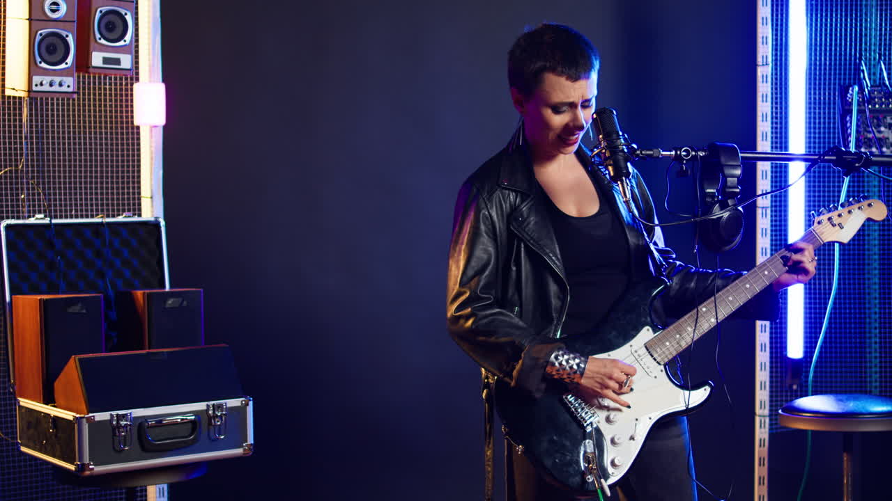 Woman performing rock music with guitar and microphone