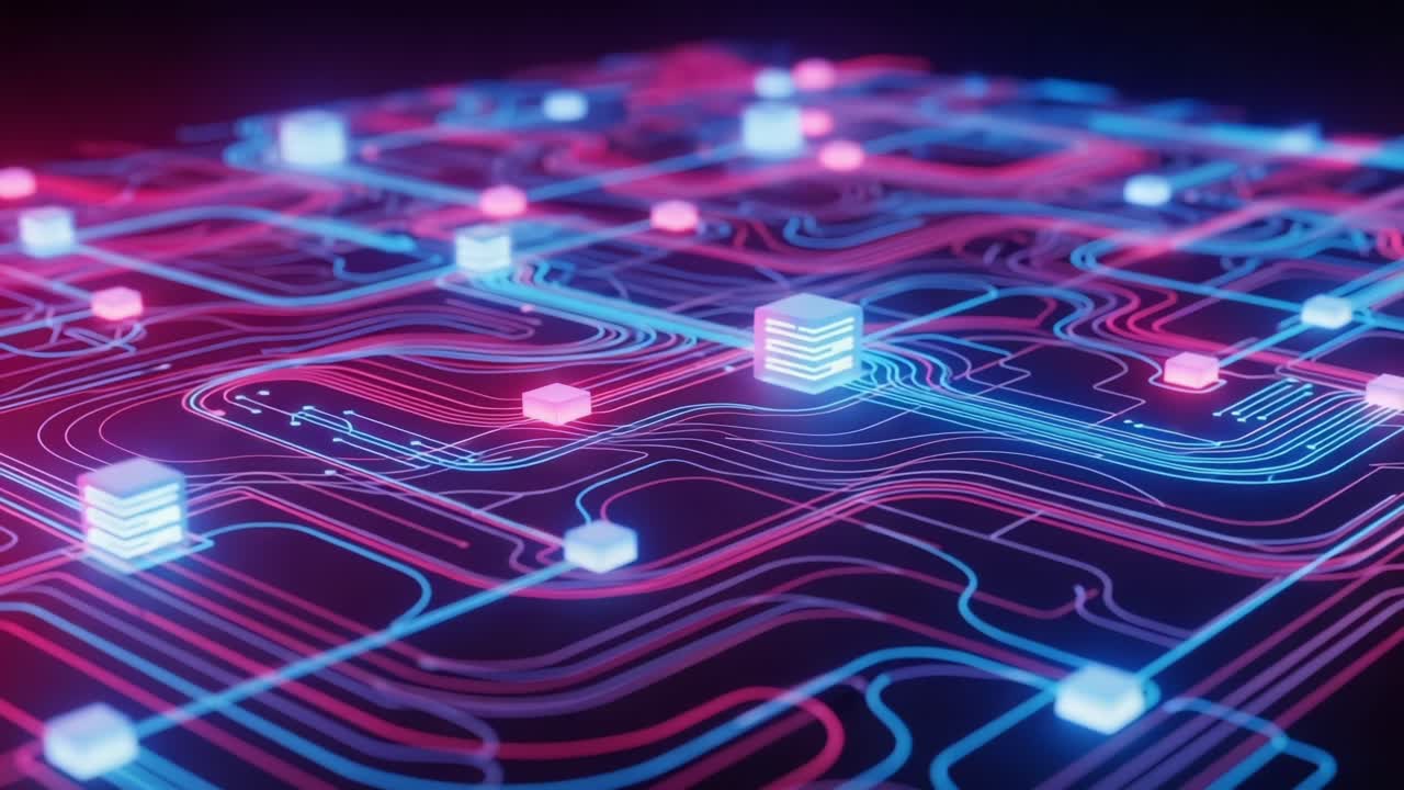 A Vibrant Digital Grid Visualization Displaying Interconnected Circuits and Light-Coded Nodes in Brilliant Blue and Pink Hues, Rethinking Future Technology Interactions