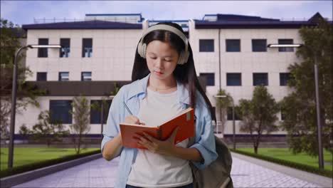 estudiante tomando notas en el campus