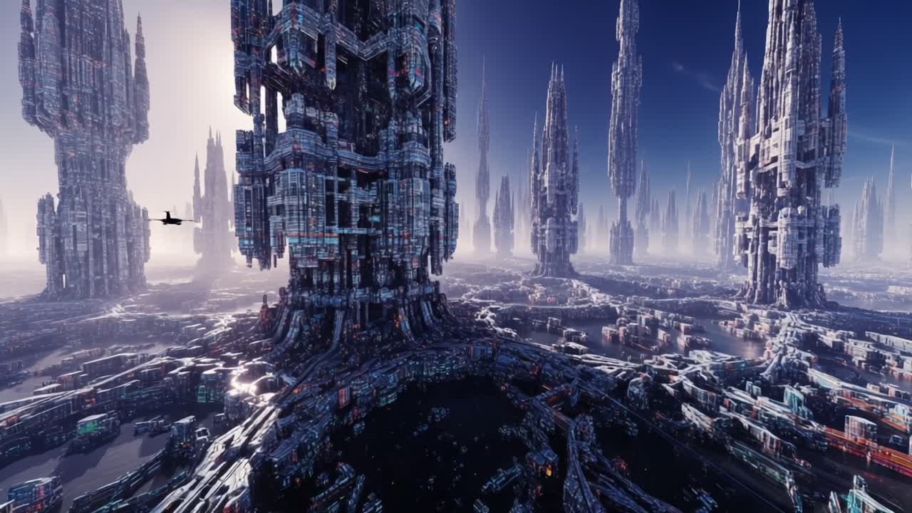 A Vast Futuristic Cityscape of Towering Structures and Intricate Details, Showcasing a Sci-Fi Environment with Complex Architecture and a Stark, Otherworldly Atmosphere