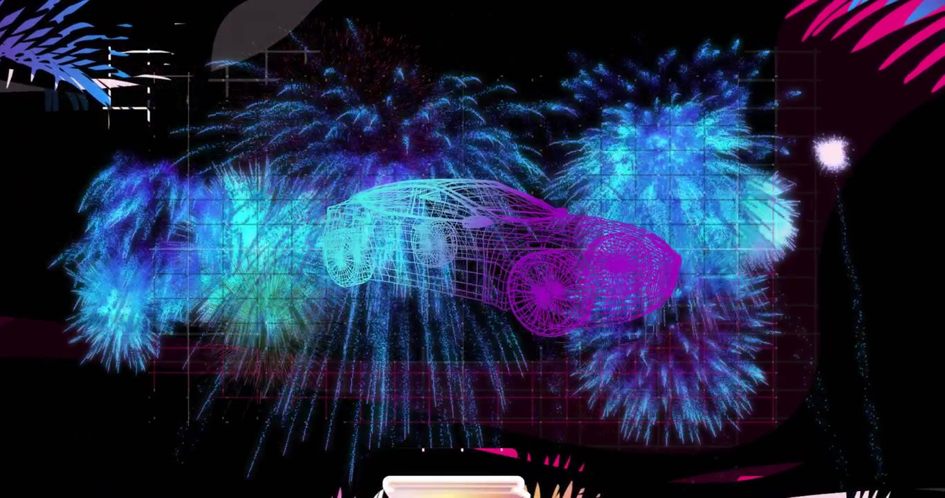 Pulsing cube activating bursts while neon wireframe car forming and trails cascading, framing stage