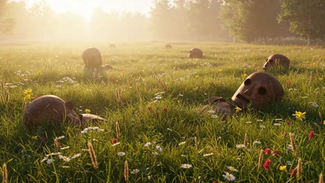 Eerie Remains: An Expansive Landscape of Abandoned Metallic Skulls Overgrown with Vibrant Wildflowers, Surrounded by Tranquil Trees Amidst a Misty Morning Glow
