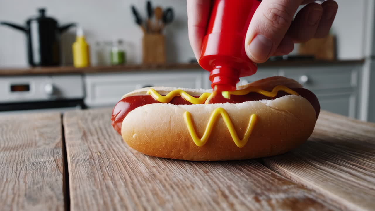 Hand adding sauce to a hot dog