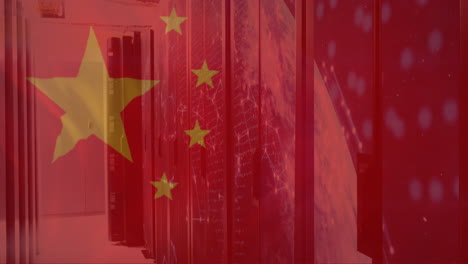 animación de la bandera de china y procesamiento de datos digitales a través de servidores informáticos