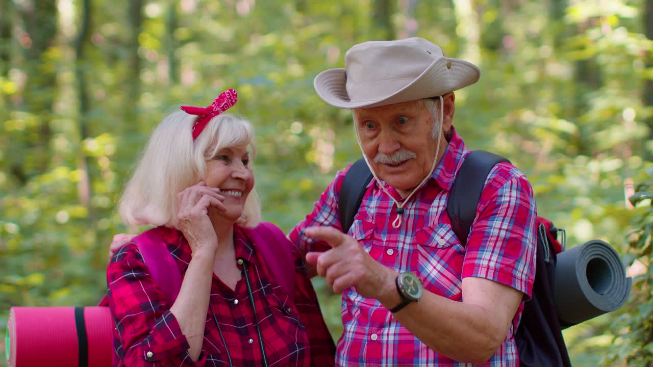 старые бабушки дедушки туристы наслаждаются прогулками, походы с рюкзаками в летнем лесу