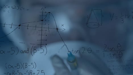 animation of mathematical equations over female scientist holding syringe