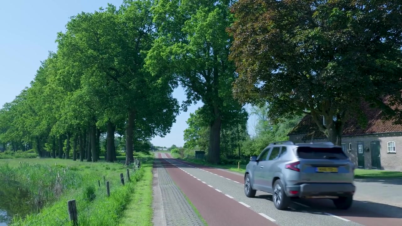 SUV argentato che percorre una strada di campagna panoramica costeggiata da alberi