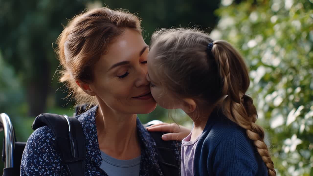 Sunlight filters through green leaves behind them. Young girl kisses her mother's cheek gently. Mother smiles, eyes crinkling with affection. They walk together, backpacks slung over shoulders
