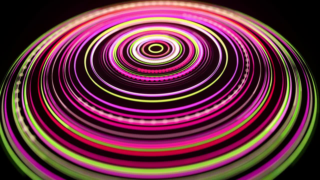 Light flow bg in 4k. Abstract looped background with light trails, stream of green red yellow neon lines in space move to form ring shapes. Modern trendy motion design background light effect