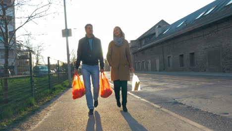 familia feliz yendo a casa con bolsas de comestibles