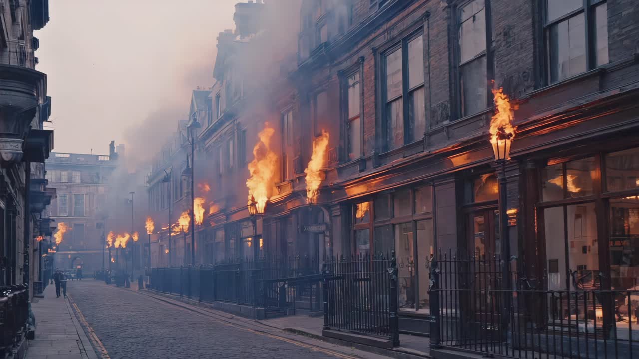 Street scene with buildings on fire