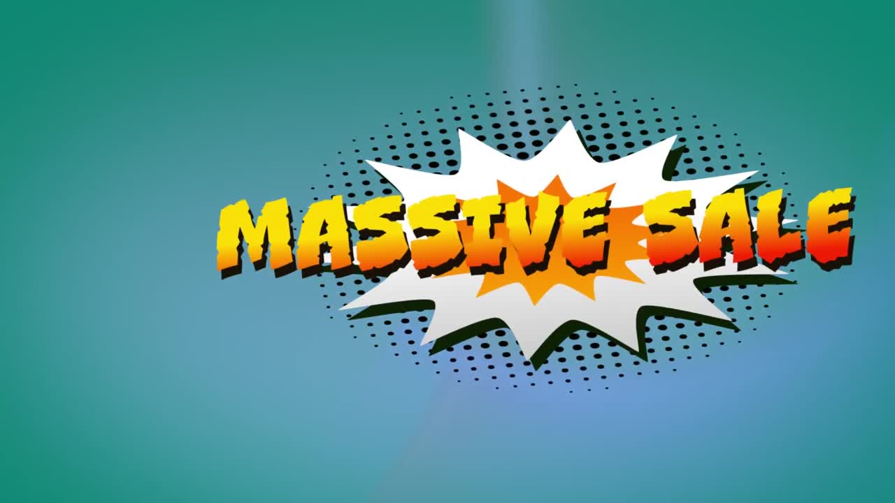 Massiver Sale-Text über Retro-Sprechblase vor digitalen Wellen auf blauem Hintergrund