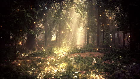 un sendero mágico en el bosque con luciérnagas.