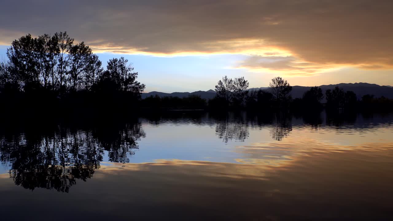 Reflection of colorful clouds over lake surface