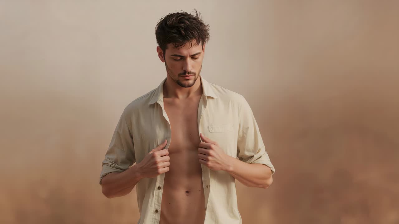 Holding open beige shirt, man posing, adjusting pose, raising chin as camera starting on studio set