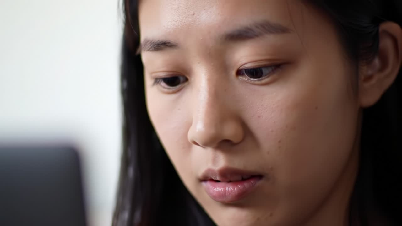 A Young Woman Deep in Thought, Captured in Two Emotional Frames, Reflecting Concentration and Introspection as She Engages with a Digital Device.