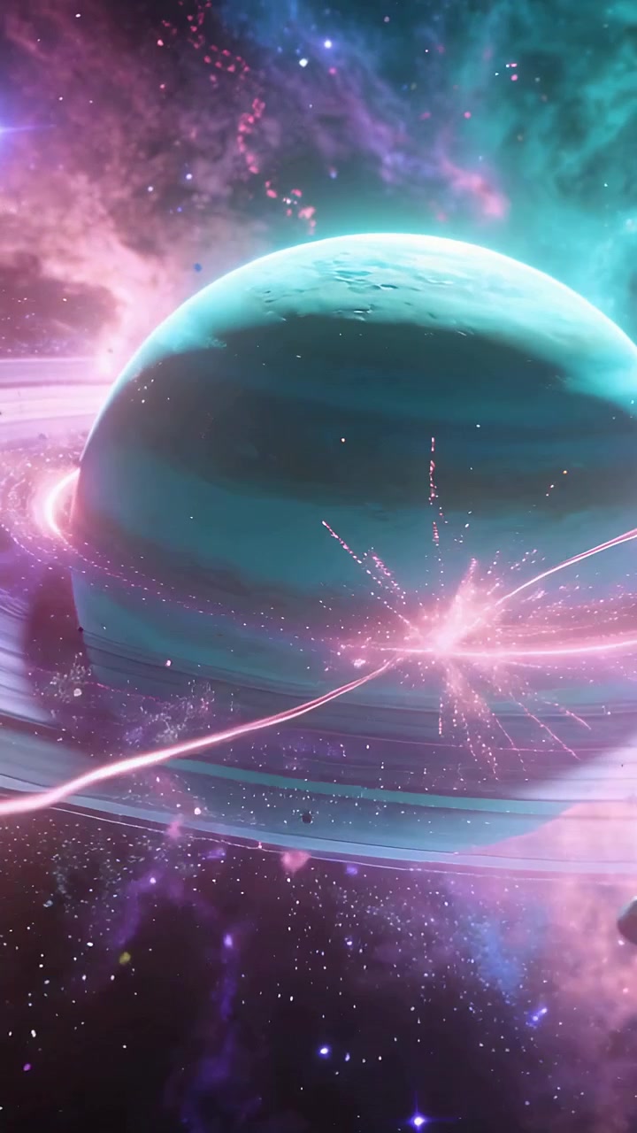 Vertical video: Revealing ringed planet emitting burst after pink flare in nebula