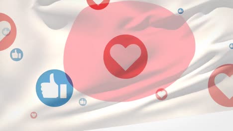 digital composition of multiple like and heart icons floating against waving japan flag