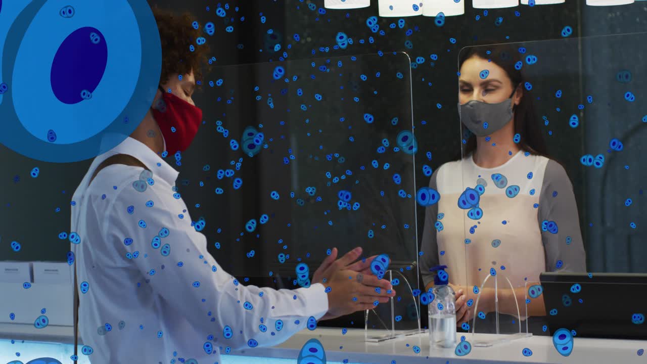 Guest reaching for pump staff pumping gel guest rubbing at check-in blue overlay drifting over both