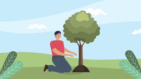 male ecologist planting tree animation