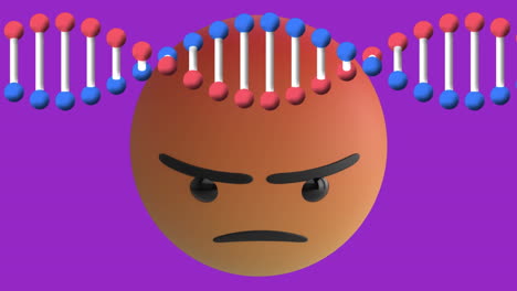 animation of angry emoji over spinning dna strand on purple background