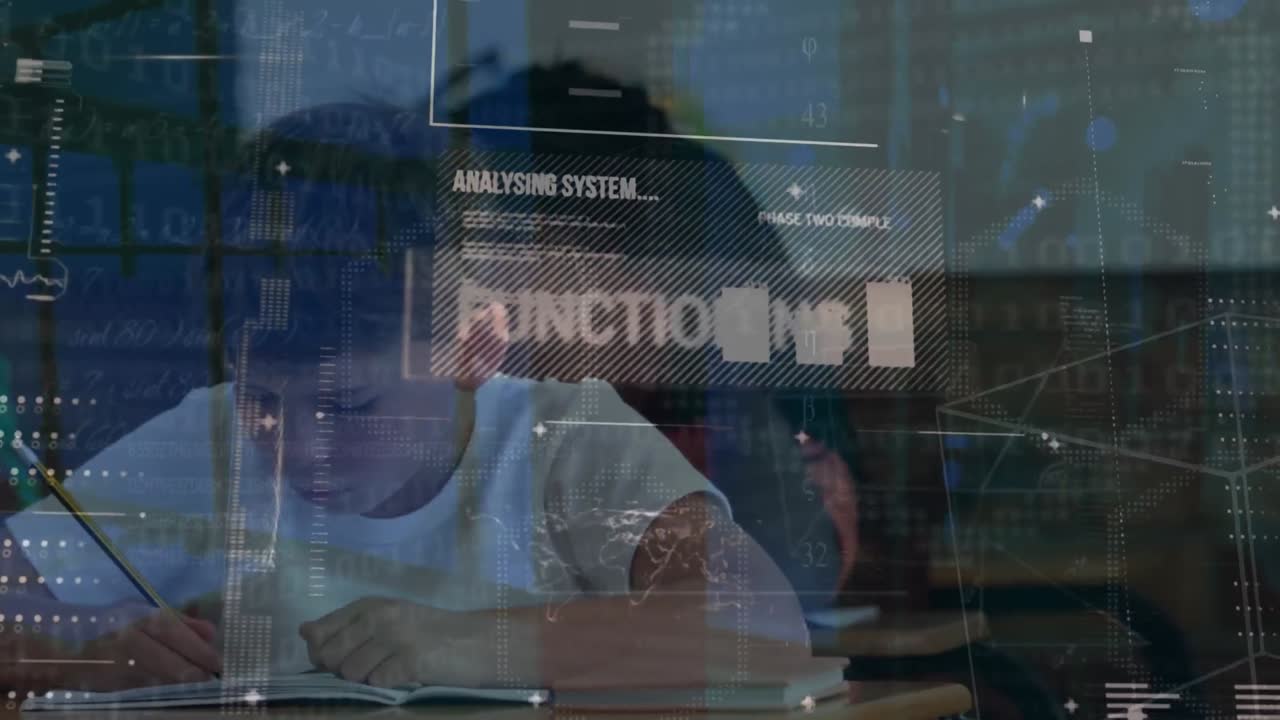 Animation of interface with data processing over caucasian boy studying in the class at school