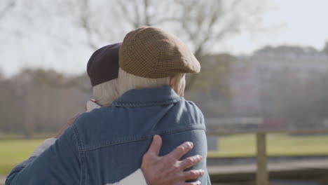 cariñosa pareja de ancianos sentada en un banco del parque frente al estanque y abrazándose 1