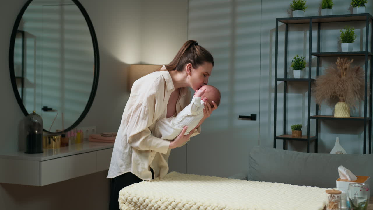 Une mère tient avec amour son nouveau-né dans une chambre d’enfant à la lumière douce, créant un tendre moment de tendresse.
