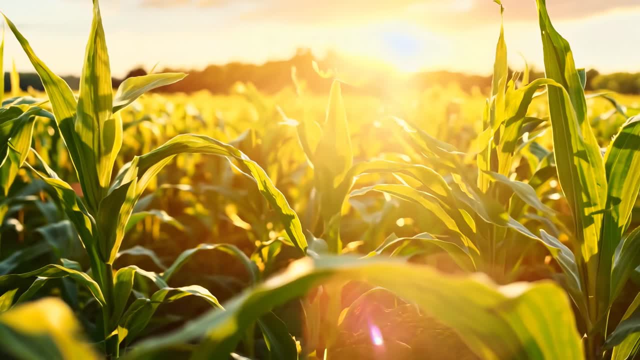 Low-angle video of sunlit cornfield at sunset, capturing vibrant green leaves and golden light
