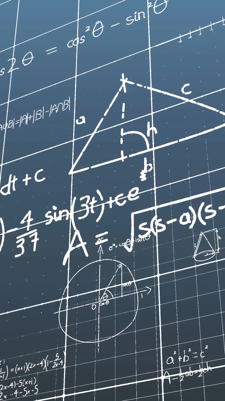 Animazione di equazioni e diagrammi matematici su uno schema a griglia, su sfondo blu