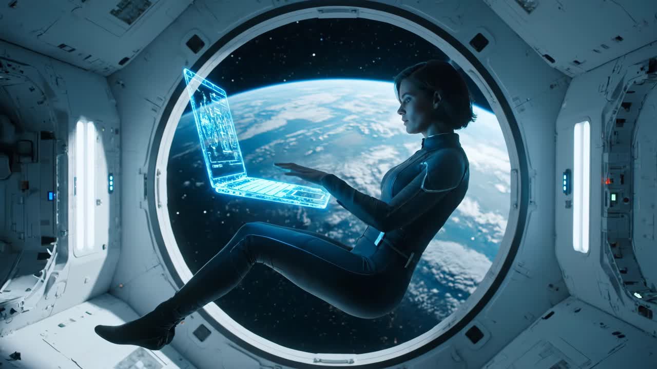 Woman in space station using holographic laptop