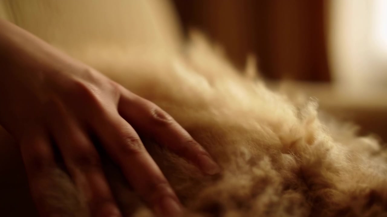Mano che accarezza pelliccia soffice, proprietario caucasico che accarezza delicatamente un cane che dorme, calda luce dorata, texture morbida