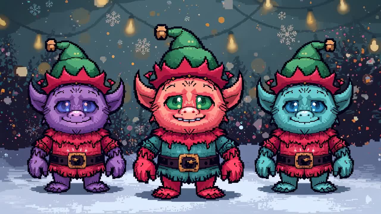 Loop starting, three pixel-elves wearing green hats blinking and smiling in snow, sharing cheer
