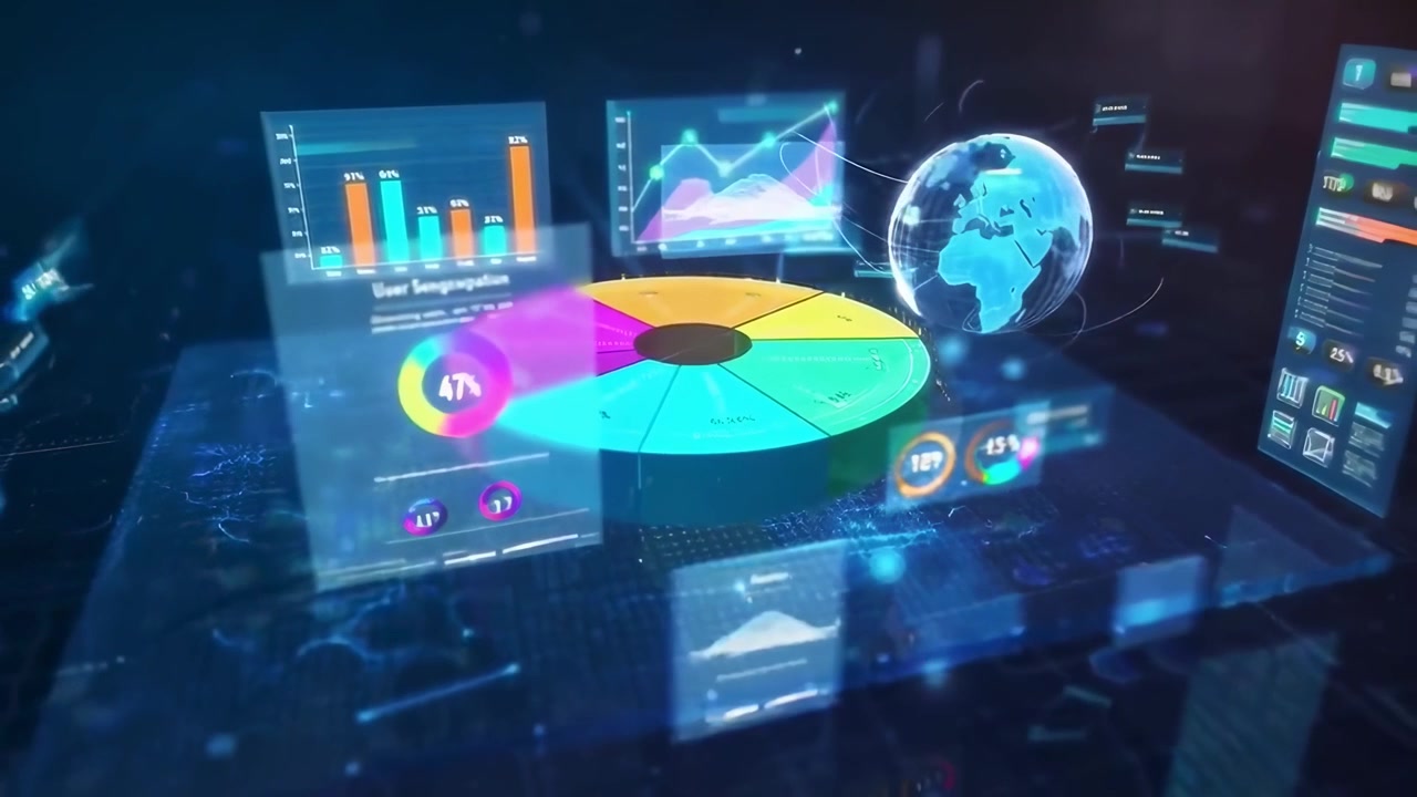 Digital Data Visualization with Rotating Pie Chart and Globe