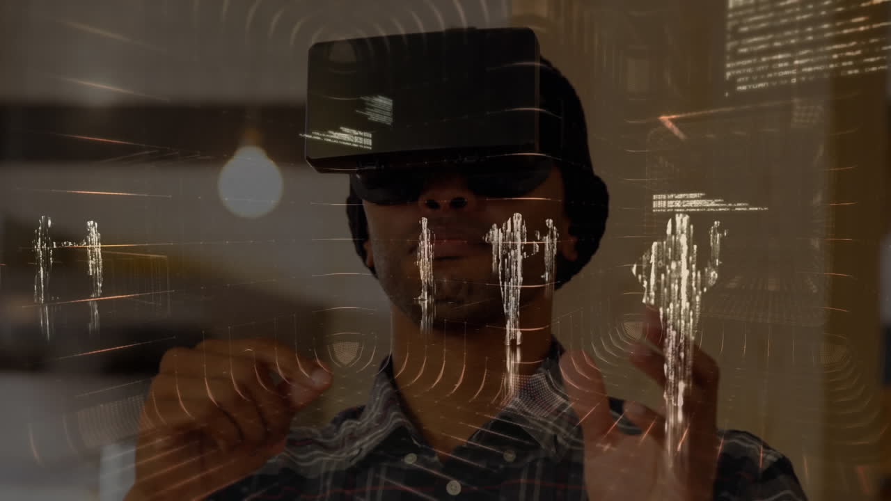 Man with virtual reality headset with data