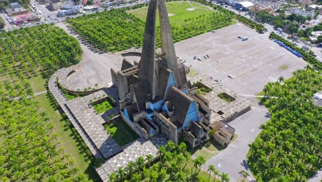 Drone-orbit-around-grand-Basilica-la-Altagracia,-Dominican-Republic