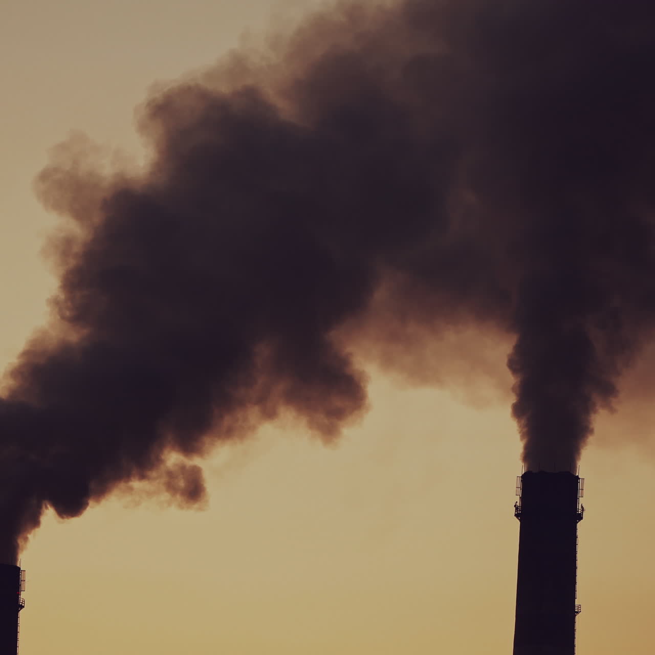 Dark dense smoke comes from industrial pipes. Dirty smoke pollute the atmosphere in the evening sky. Close-up.