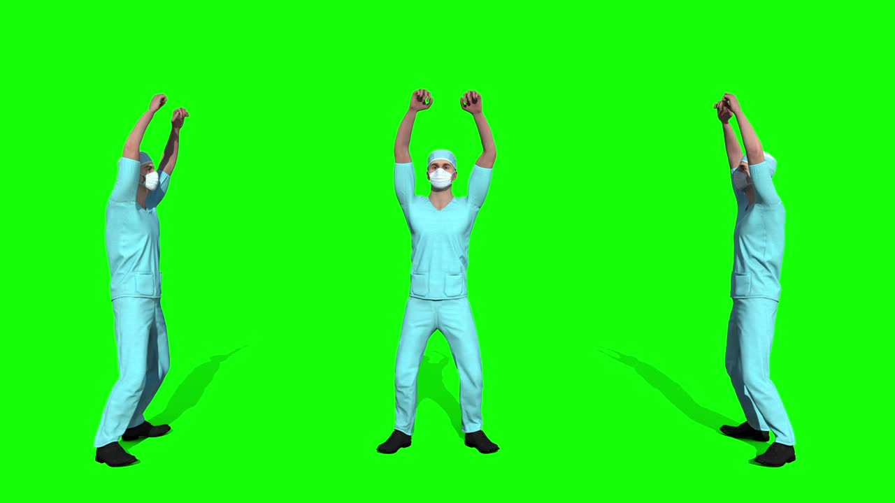 médico feliz con las manos en alto y haciendo el signo de la victoria. aislado.