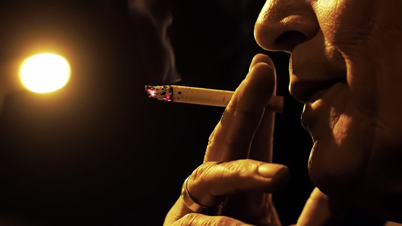 An Intimate Encounter with Smoke: A Close-Up Exploration of a Person Enjoying a Cigarette Under Ambient Street Lighting, Capturing Moments of Contemplation and Reflection