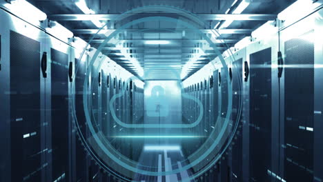 animation of cyber security text banner and security cloud icon scanning against server room