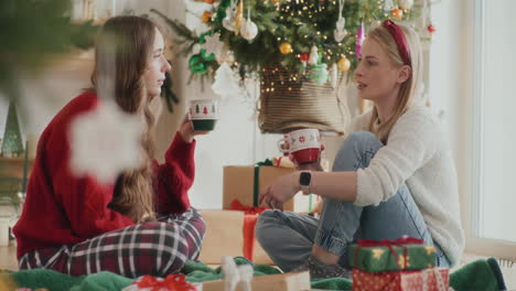 young sisters discussing while holding coffee cups during christmas at home