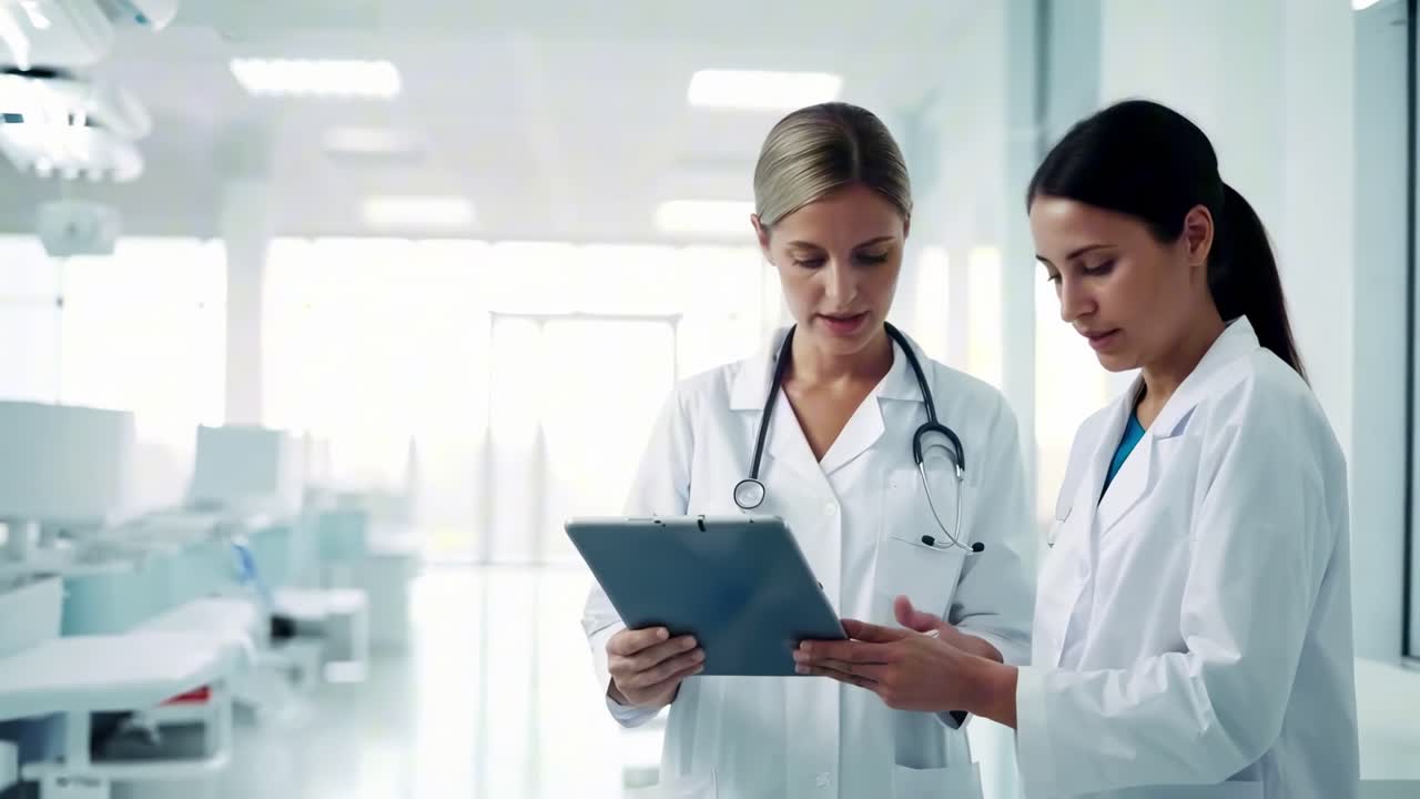 Two doctors in lab coats discuss patient data on a tablet in a bright hospital setting
