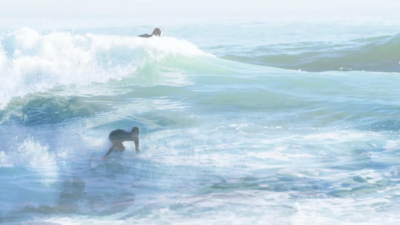 백인 남자가 서핑하는 백인 남자의 서핑과 바다에 대한 애니메이션