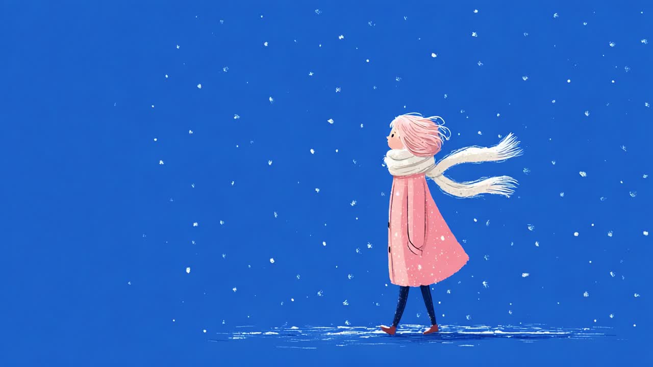 A young girl dressed in a pink coat walks through a serene snowy landscape, with gentle snowflakes falling around her and a bright blue sky creating a tranquil atmosphere