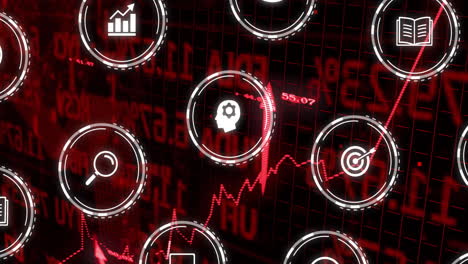 financial data and technology icons animation over red stock market graph