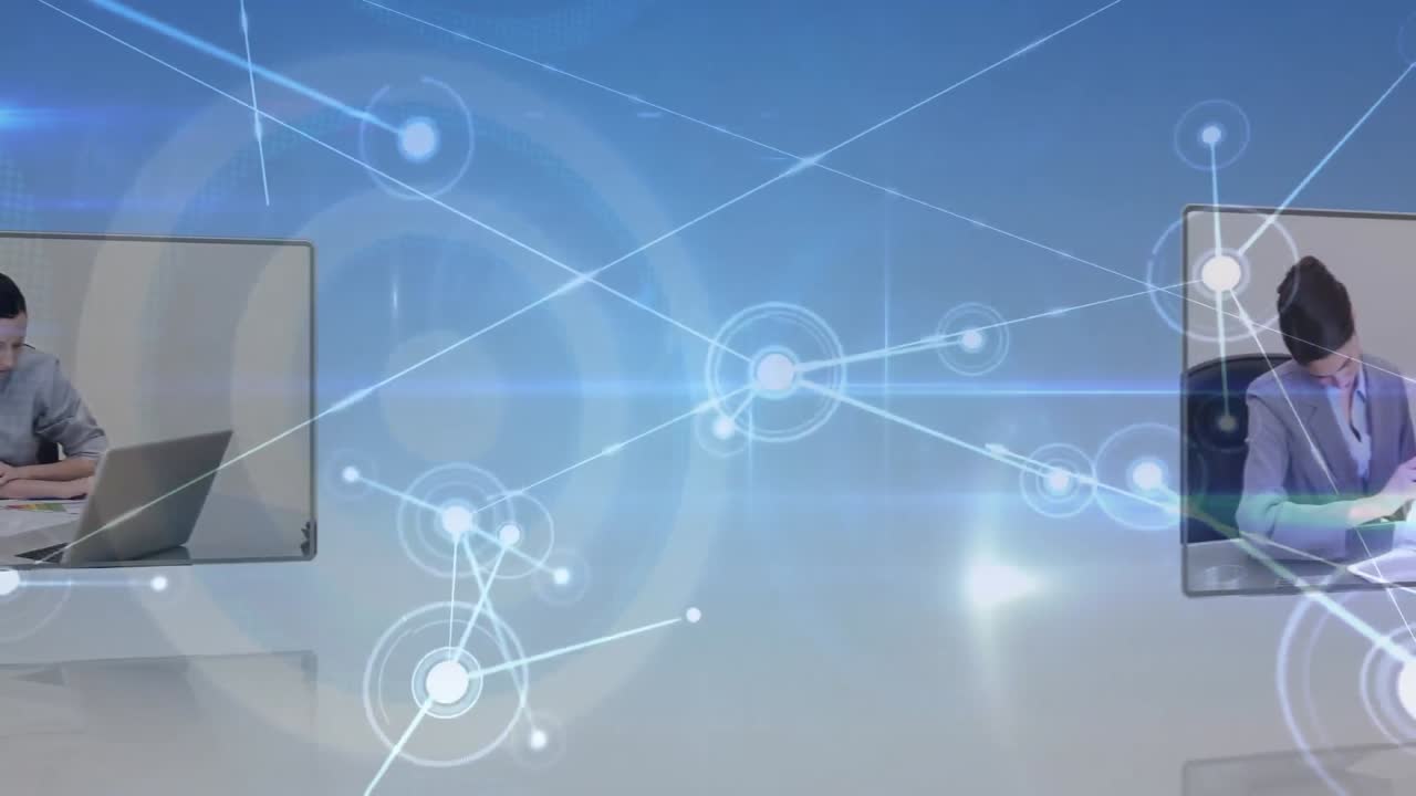 animación de la red de conexiones y rastros de luz contra pantallas con procesamiento de datos empresariales